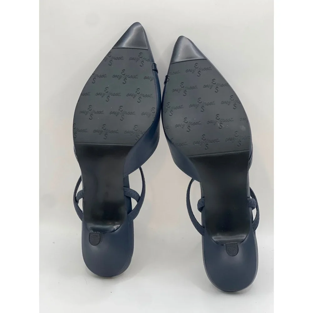 Easy Street Unna Navy Blue Slingback Kitten Heel Pumps 7W Pointed Toe